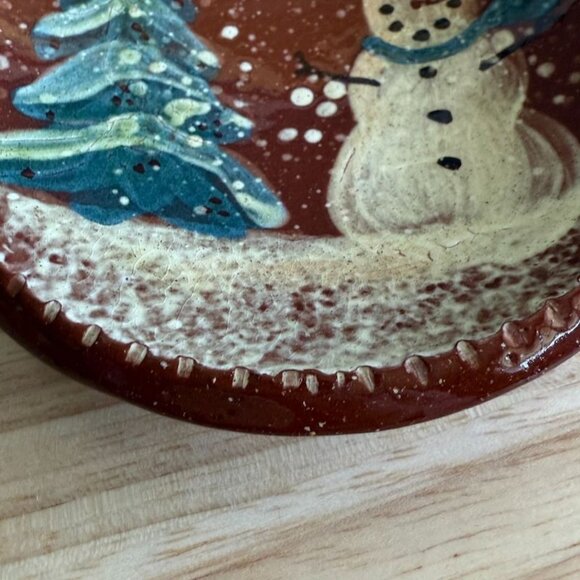 Vintage Hand-Painted Oxford Pottery Snowman & Tree Small Plate Lead-Free 4 Inche - Picture 2 of 6